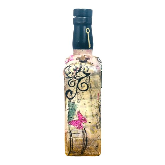 Up cycled Decanter Bottle Mixed Media Peep Keyhole Clay Hand Painted Butterfly - Picture 6 of 16